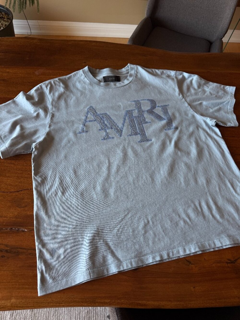 AMIRI Light Blue T-Shirt with Staggered Rhinestone XXL